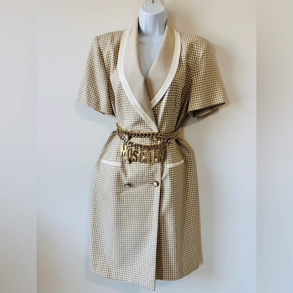 Vintage Tan & Cream Trim Double Breasted Blazer Style Dress Size 12